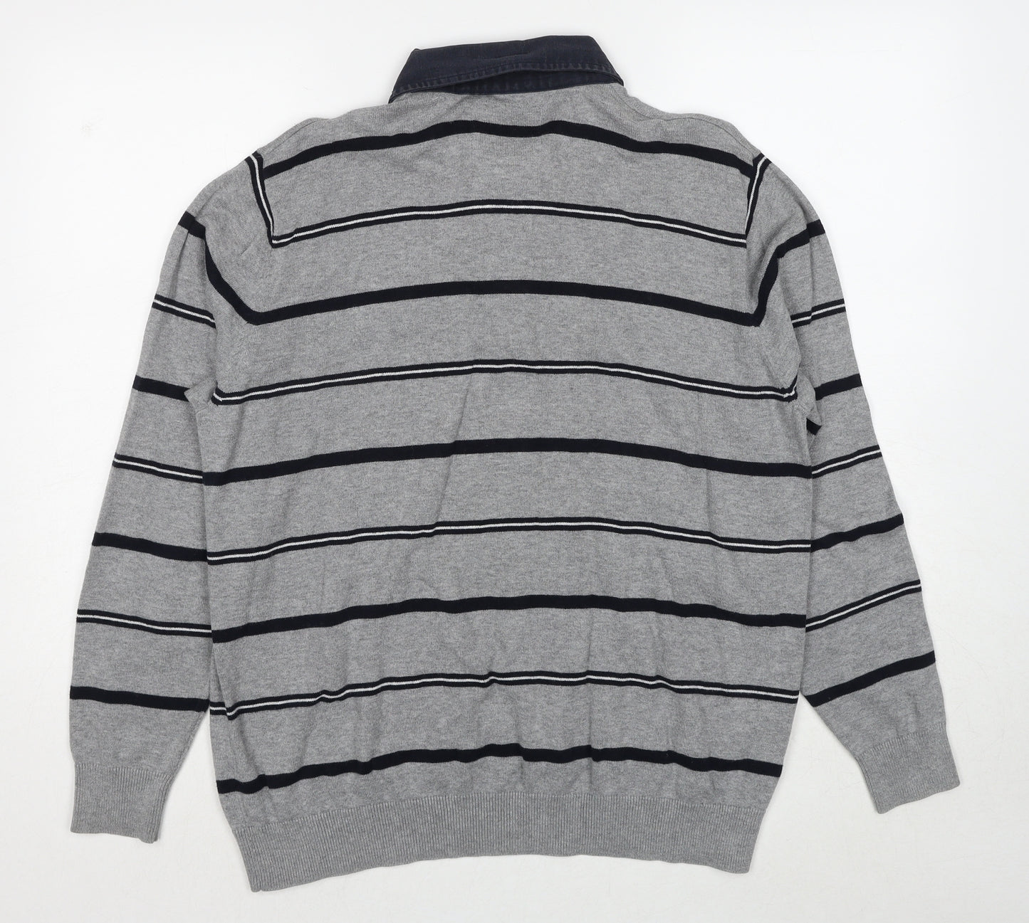 Atlantic Bay Mens Grey Collared Striped Cotton Pullover Jumper Size L Long Sleeve Pullover