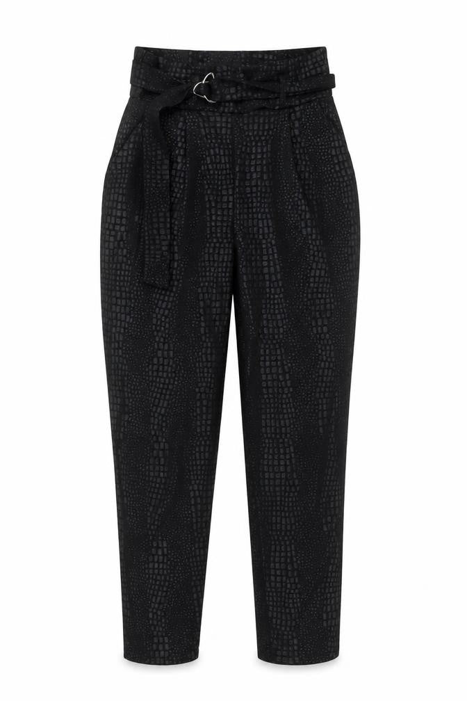 Front view of PRETTYLITTLETHING women’s black animal print polyester trousers, size UK 8, regular - snakeskin pattern