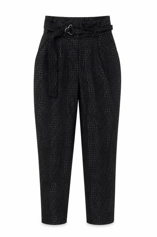 Front view of PRETTYLITTLETHING women’s black animal print polyester trousers, size UK 8, regular - snakeskin pattern