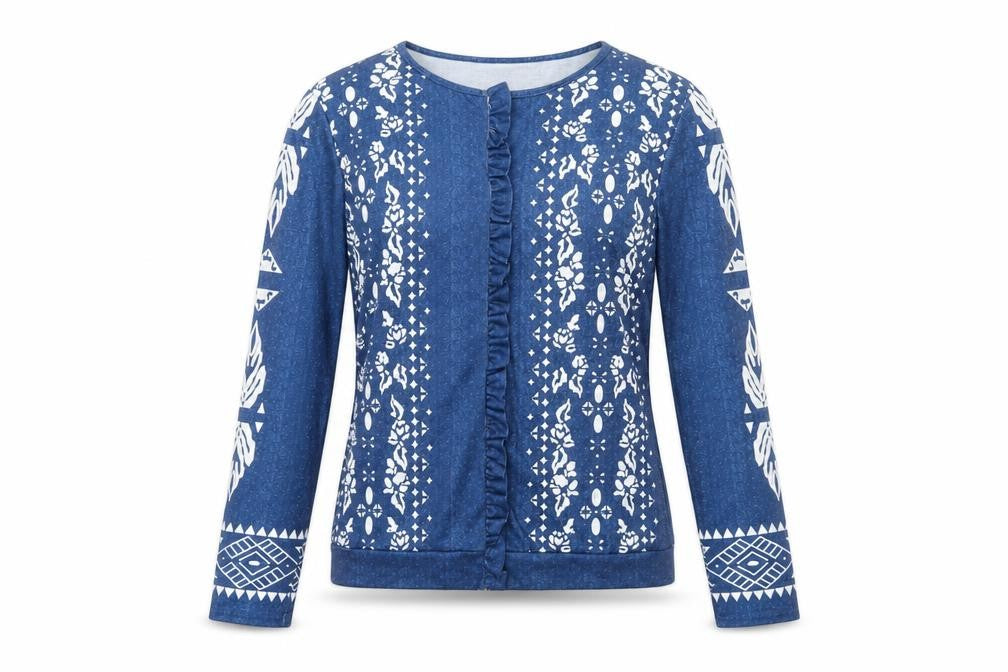 Front view of MissLook women’s blue geometric polyester basic blouse, size S, boat neck