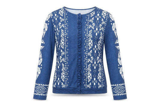 Front view of MissLook women’s blue geometric polyester basic blouse, size S, boat neck