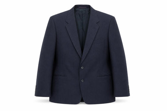 Front view of St Michael men’s blue striped polyester jacket suit jacket, size 40, regular