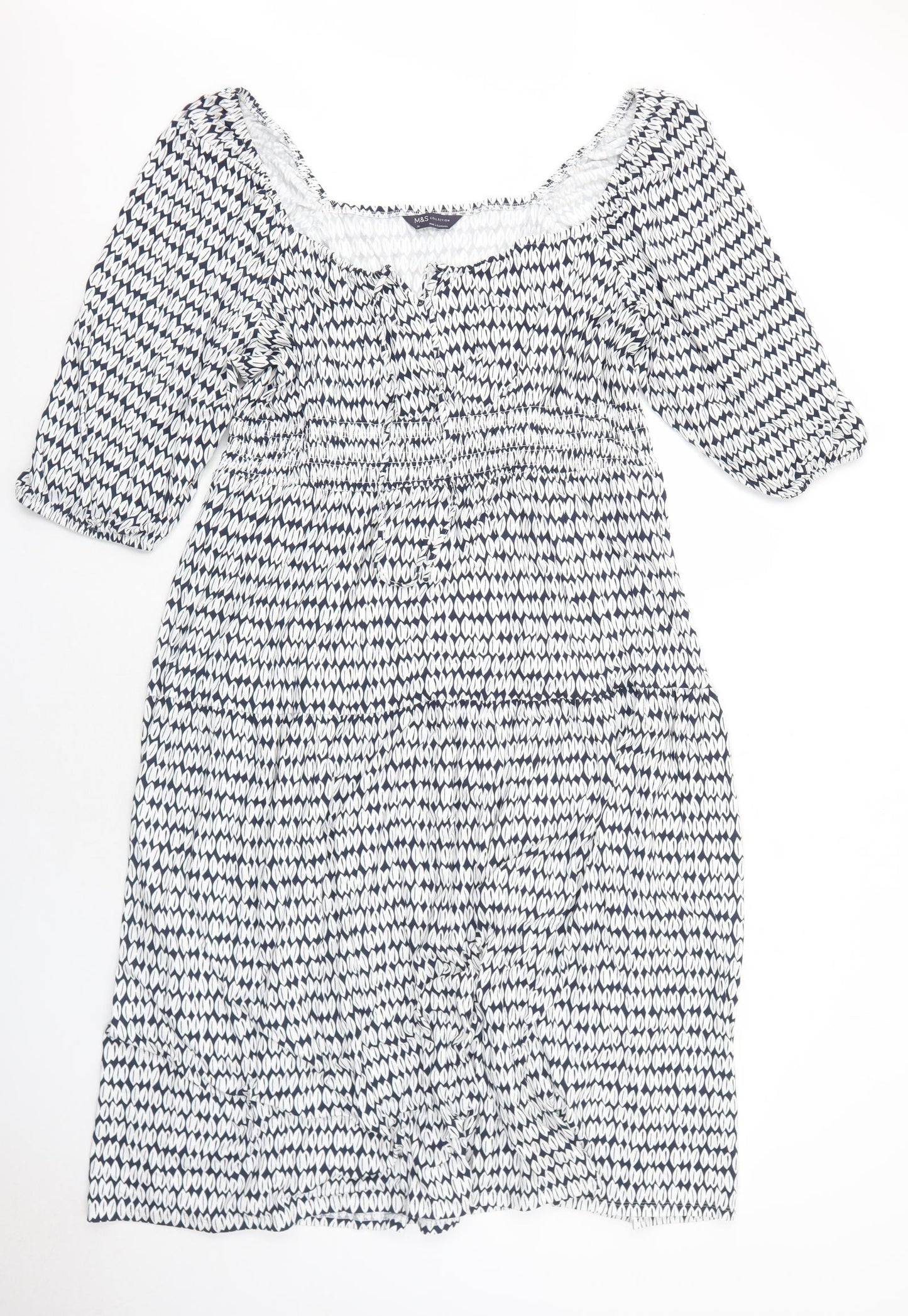 Marks and Spencer Womens White Geometric Viscose A-Line Size 24 Square Neck Pullover