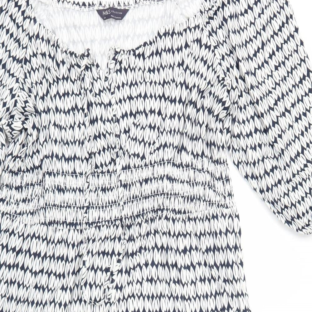 Marks and Spencer Womens White Geometric Viscose A-Line Size 24 Square Neck Pullover