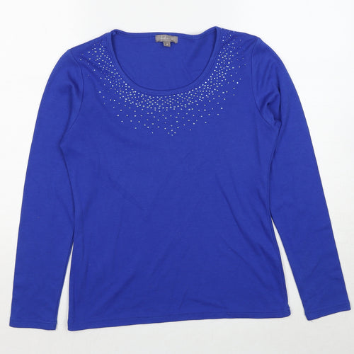 First Avenue Womens Blue Polyester Basic T-Shirt Size S Scoop Neck - Studded