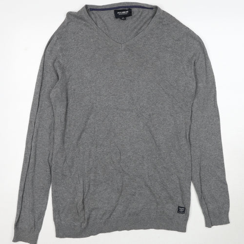 Pull&Bear Mens Grey V-Neck Cotton Pullover Jumper Size L Long Sleeve