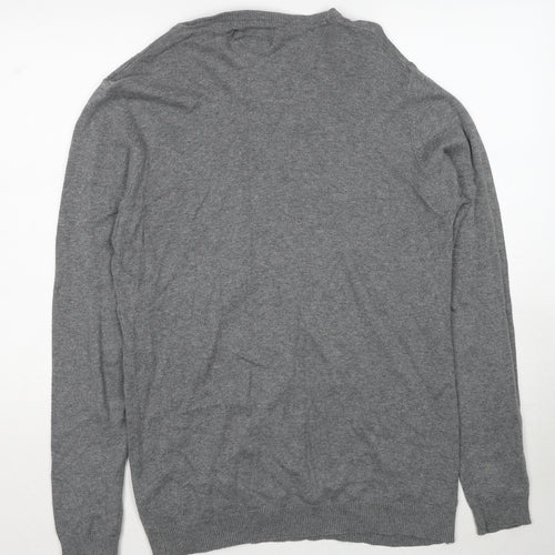 Pull&Bear Mens Grey V-Neck Cotton Pullover Jumper Size L Long Sleeve