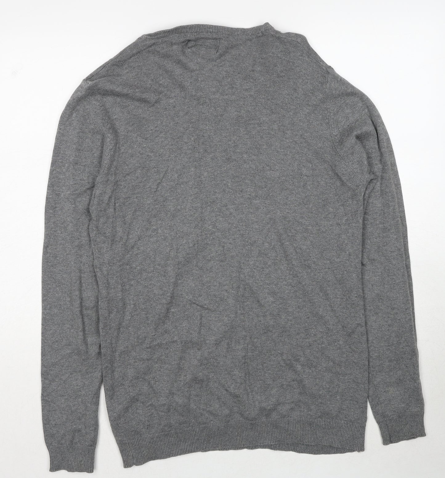 Pull&Bear Mens Grey V-Neck Cotton Pullover Jumper Size L Long Sleeve