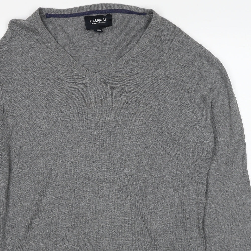 Pull&Bear Mens Grey V-Neck Cotton Pullover Jumper Size L Long Sleeve