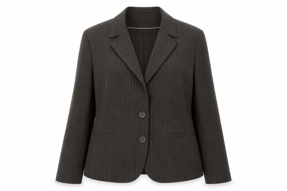 Front view of Mexx women’s brown striped polyester jacket suit jacket, size UK 16