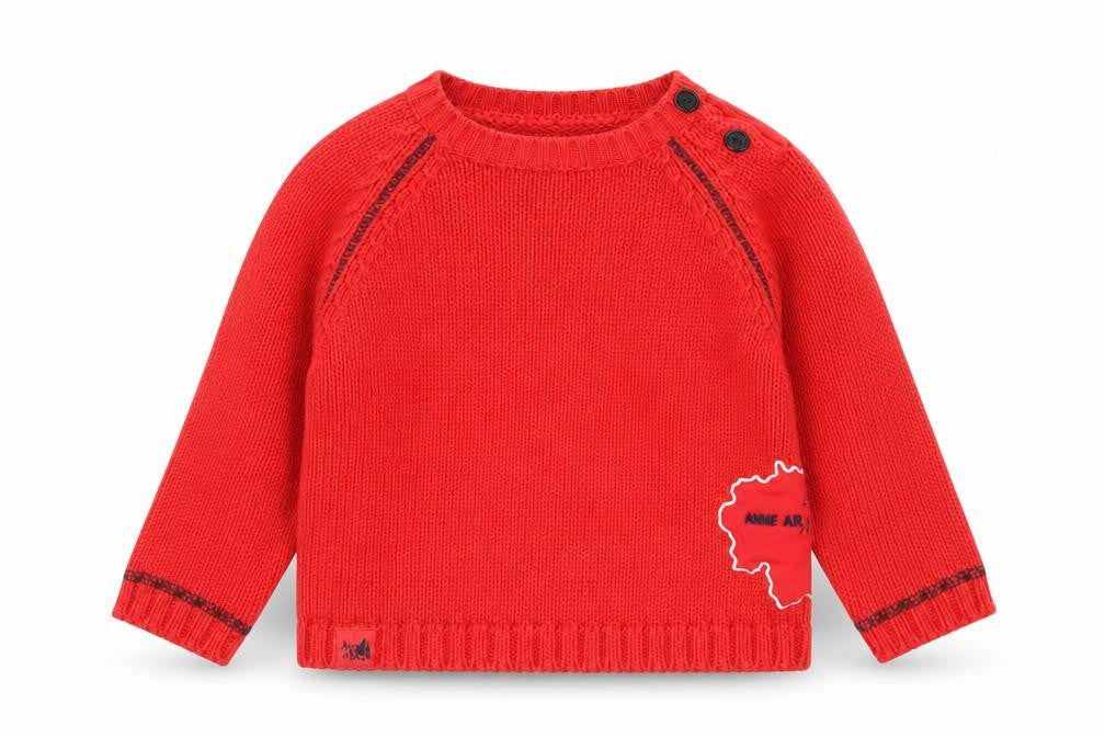 Front view of Anne Ar Breiz boys’ red round neck cotton jumper, size 4, years button