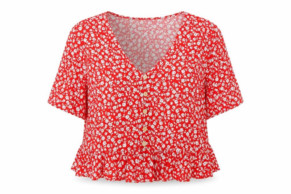 Front view of New Look women’s red floral viscose basic button-up, size UK 16, v-neck