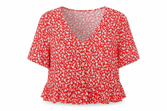 Front view of New Look women’s red floral viscose basic button-up, size UK 16, v-neck