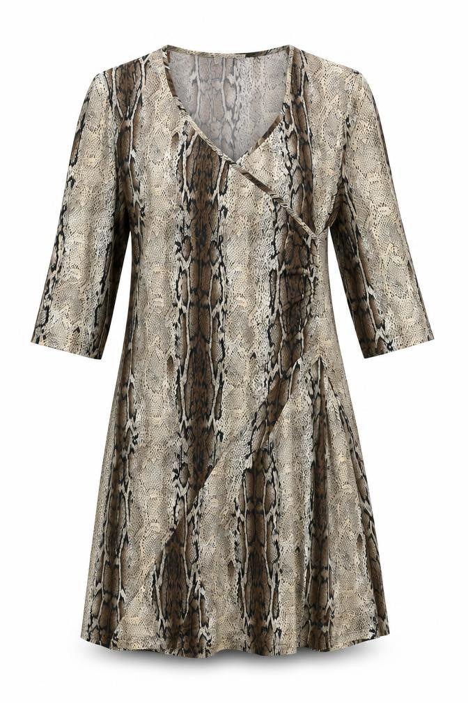 Kirsten Womens Brown Animal Print Polyester Trapeze & Swing Size 12 V-Neck Pullover - Snakeskin Pattern