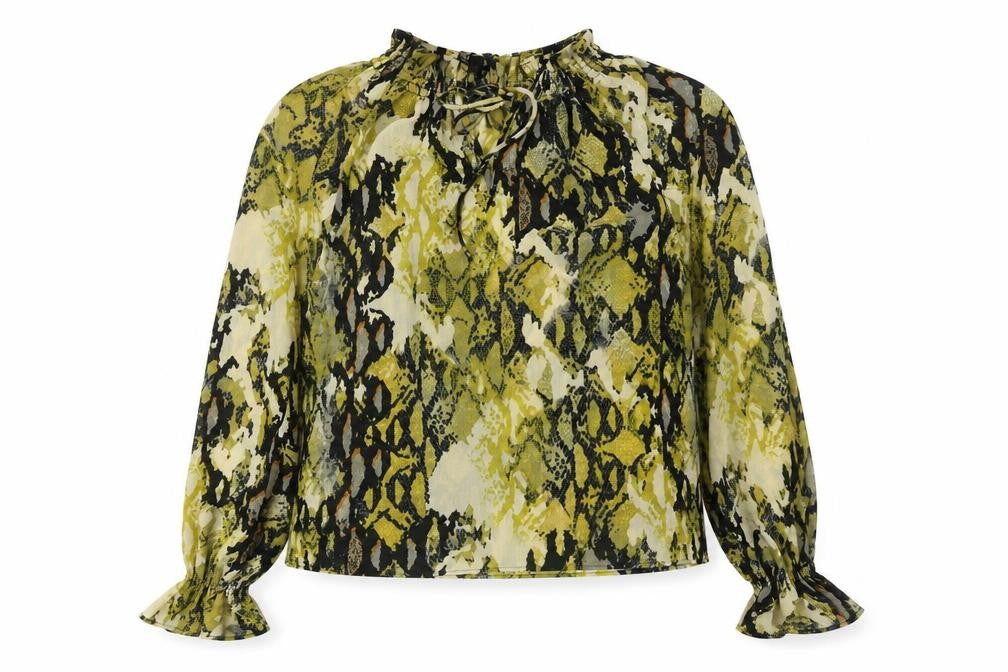 Front view of Marks & Spencer women’s yellow animal print polyester basic blouse, size UK 8, high neck - snakeskin pattern