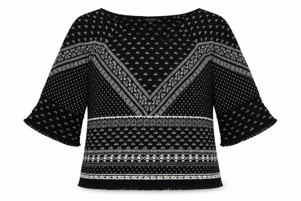 Front view of New Look women’s black geometric viscose basic blouse, size UK 10, round neck