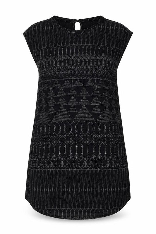 Front view of H&M women’s black geometric viscose a-line, size UK 6, round neck pullover