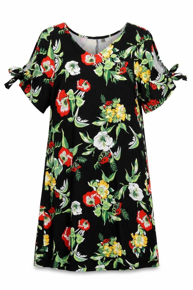 Front view of Bonprix women’s black floral viscose a-line, size S, v-neck pullover - cold shoulder