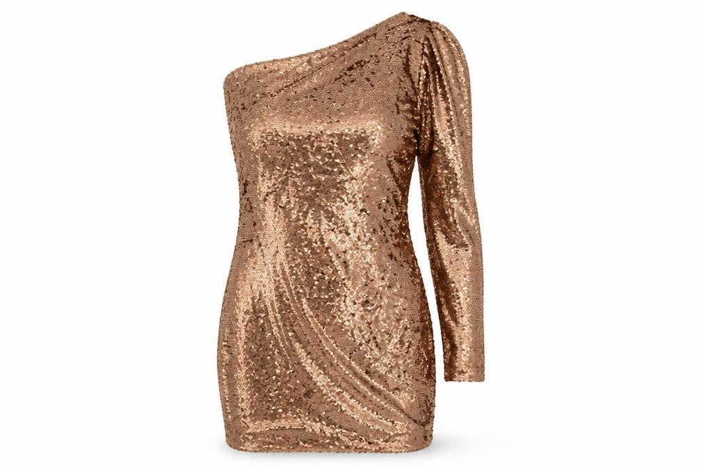 Front view of Glamorous women’s brown polyester bodycon, size UK 10, one shoulder zip