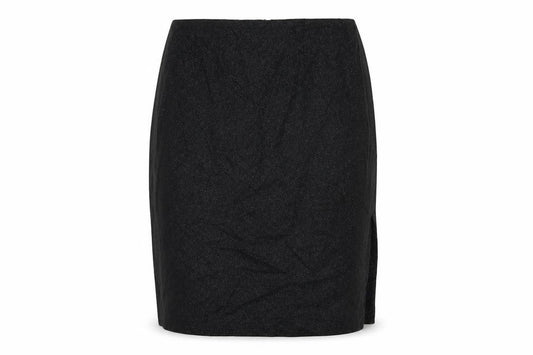Front view of Warehouse women’s black cotton a-line skirt, size UK 12, zip