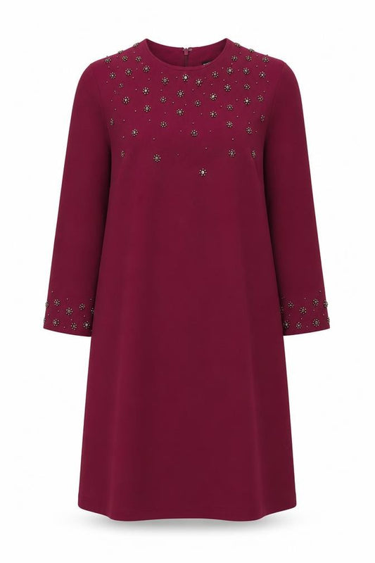 Front view of Warehouse women’s purple polyester a-line, size UK 12, round neck zip