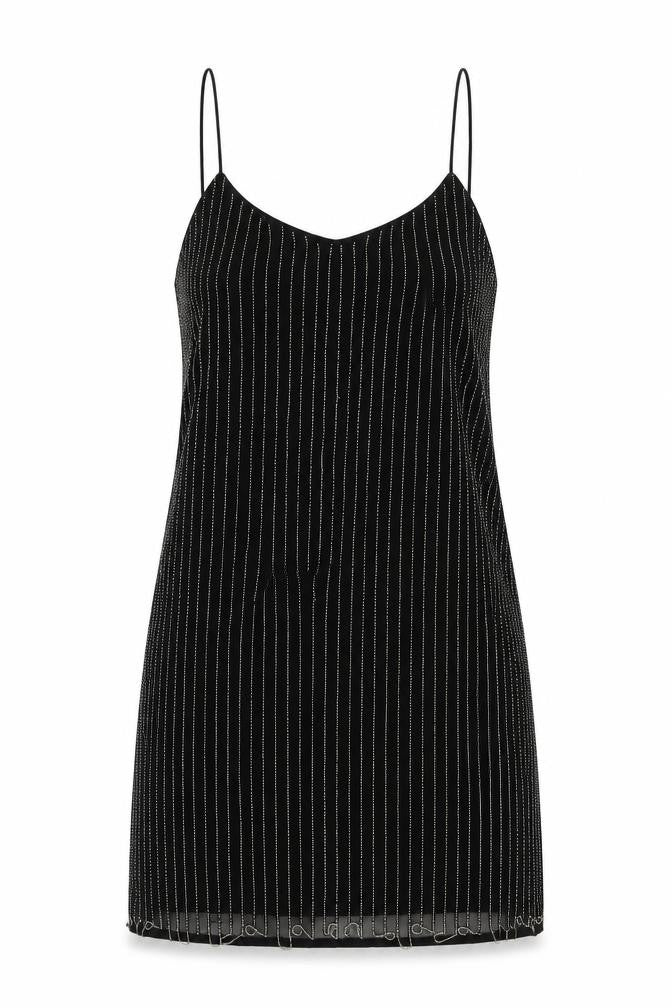 Front view of Glamorous women’s black striped polyester slip dress, size M, v-neck pullover