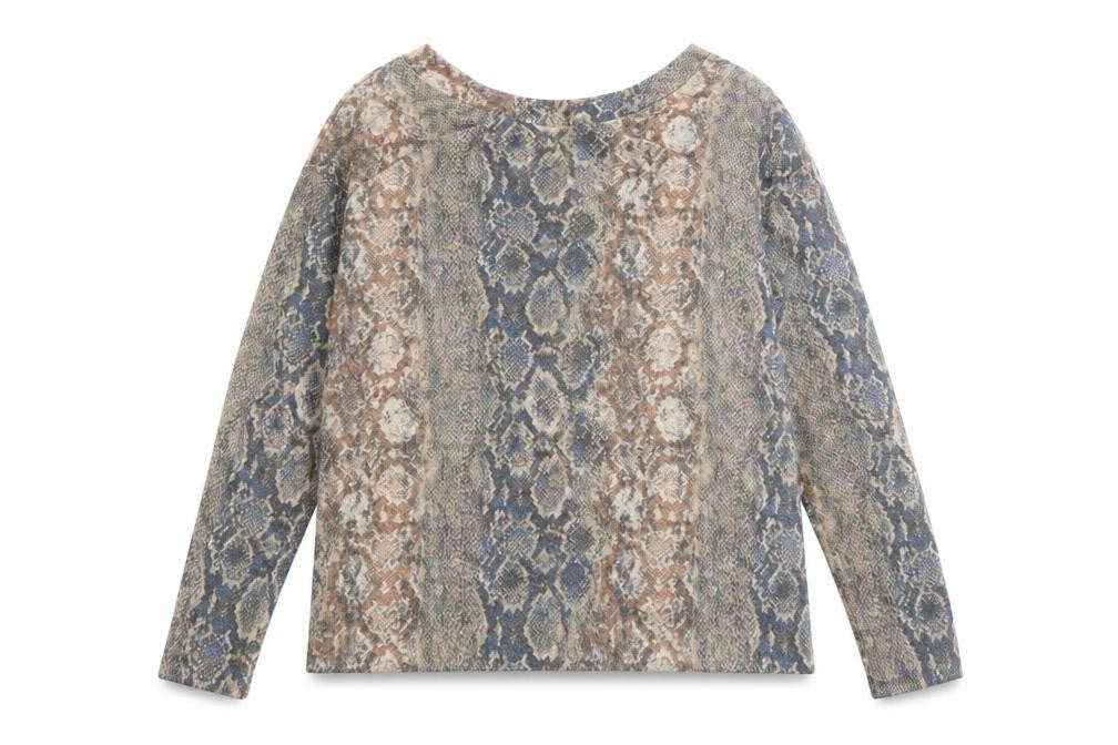 Front view of Next women’s beige round neck animal print polyester jumper, size UK 14, - snakeskin pattern