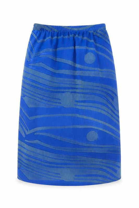 Front view of Doris Streich women’s blue geometric polyester a-line skirt, size UK 16