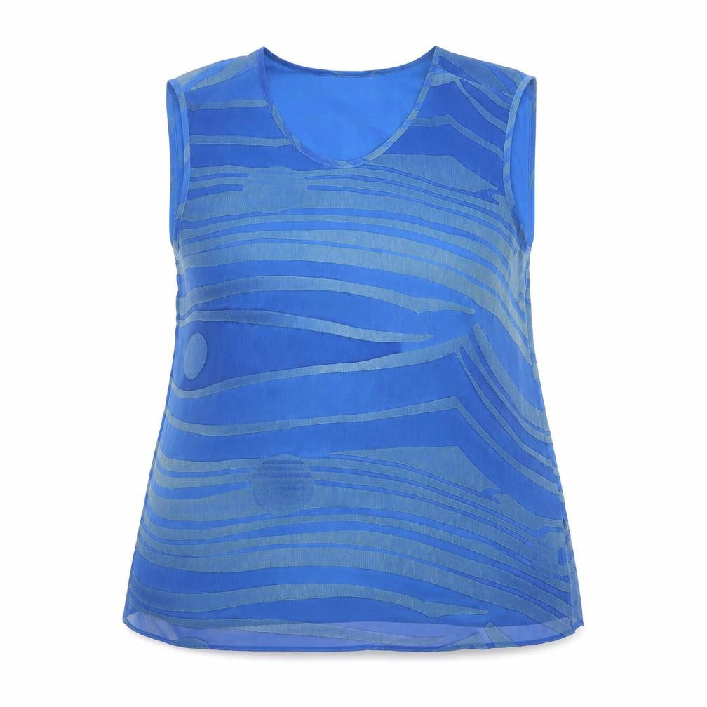 Front view of Doris Streich women’s blue geometric polyester basic tank, size UK 16, round neck