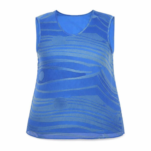 Front view of Doris Streich women’s blue geometric polyester basic tank, size UK 16, round neck
