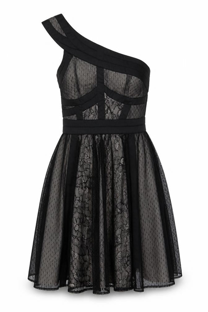 Front view of Therapy women’s black geometric polyamide trapeze & swing, size UK 12, one shoulder zip