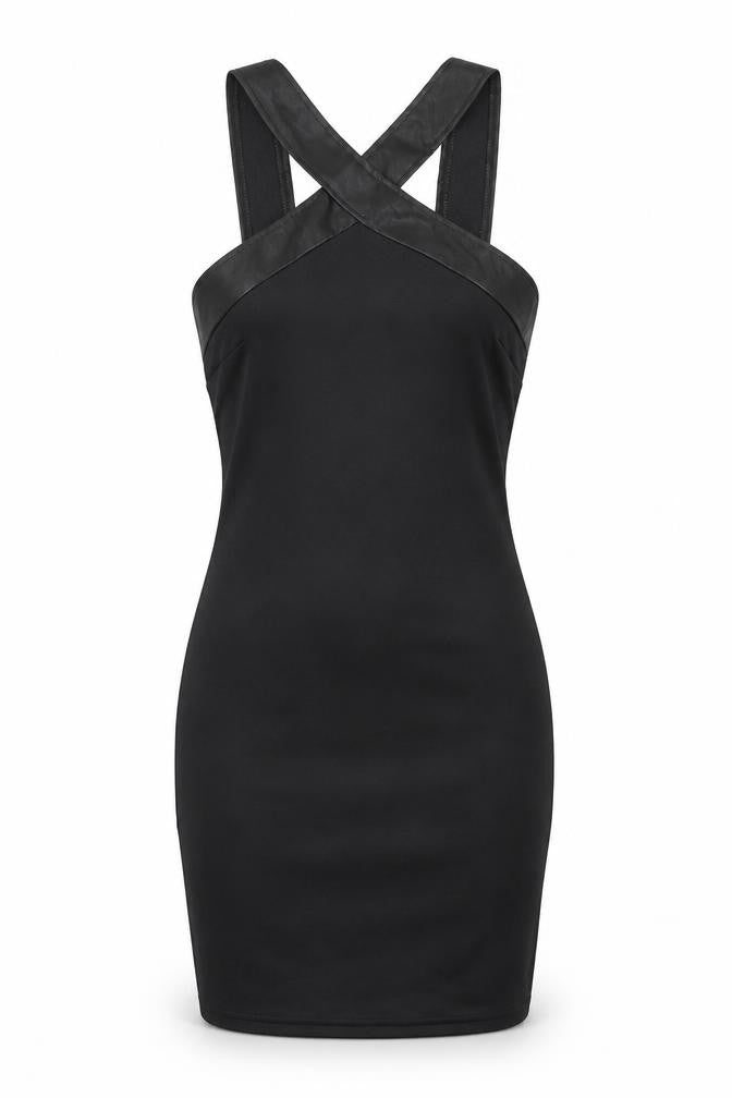 Front view of AX Paris women’s black polyester bodycon, size UK 6, v-neck zip