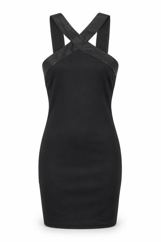 Front view of AX Paris women’s black polyester bodycon, size UK 6, v-neck zip
