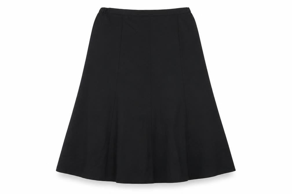 Front view of Country Collection women’s black polyester swing skirt, size UK 18, zip
