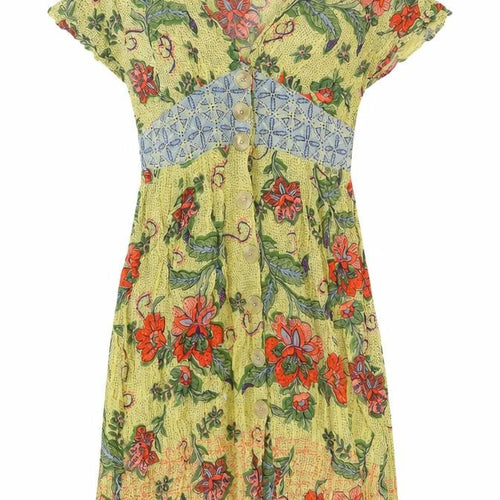 Angie Womens Yellow Floral Viscose Trapeze & Swing Size M V-Neck Button