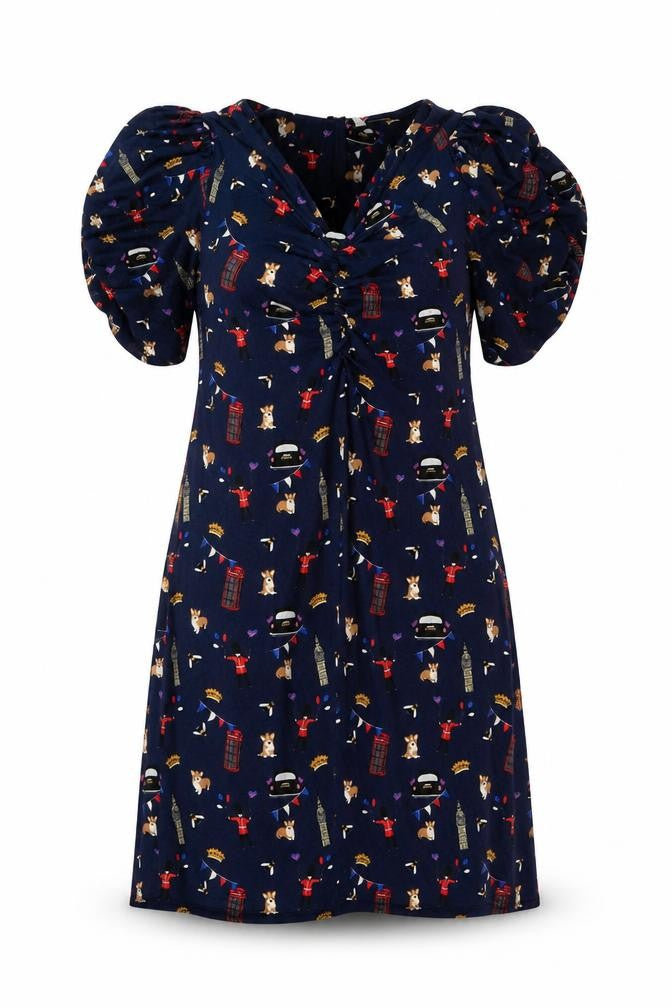 Front view of Next women’s blue geometric viscose trapeze & swing, size UK 10, v-neck pullover - london icons