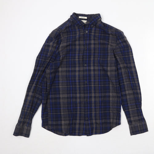 H&M Mens Blue Plaid Cotton Button-Up Size S Collared Button