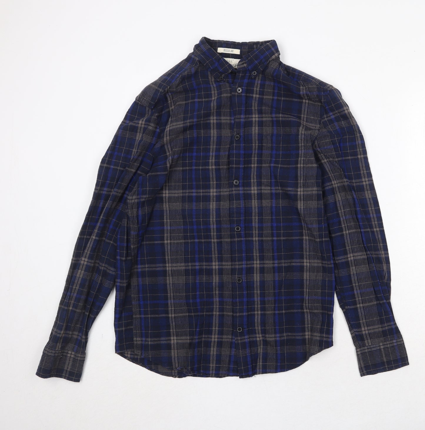 H&M Mens Blue Plaid Cotton Button-Up Size S Collared Button