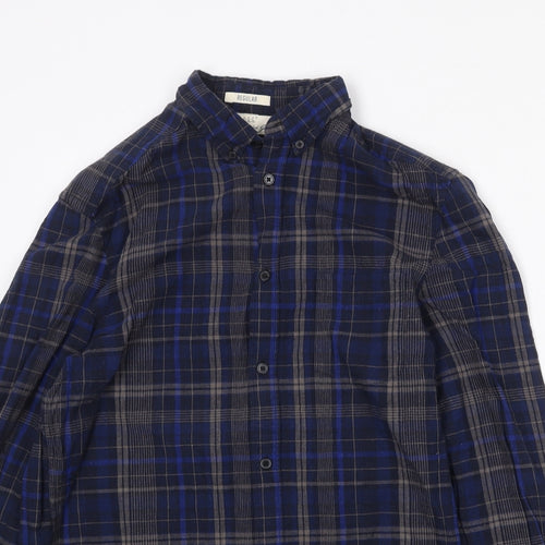 H&M Mens Blue Plaid Cotton Button-Up Size S Collared Button