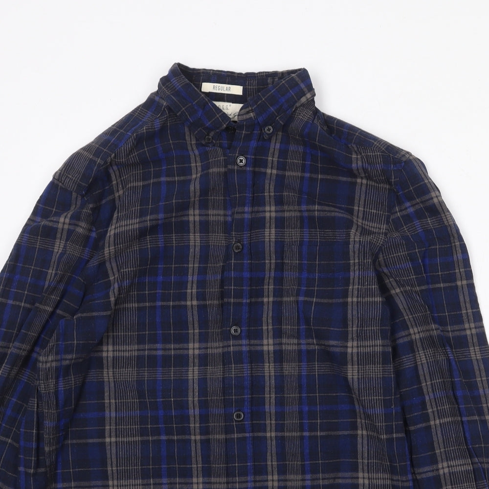 H&M Mens Blue Plaid Cotton Button-Up Size S Collared Button