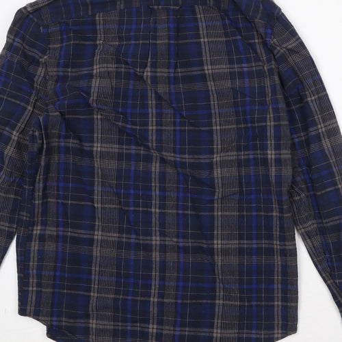 H&M Mens Blue Plaid Cotton Button-Up Size S Collared Button