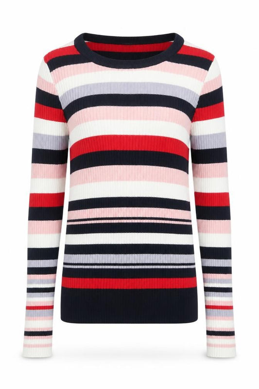 Front view of Divided by H&M women’s multicoloured round neck striped acrylic jumper, size S