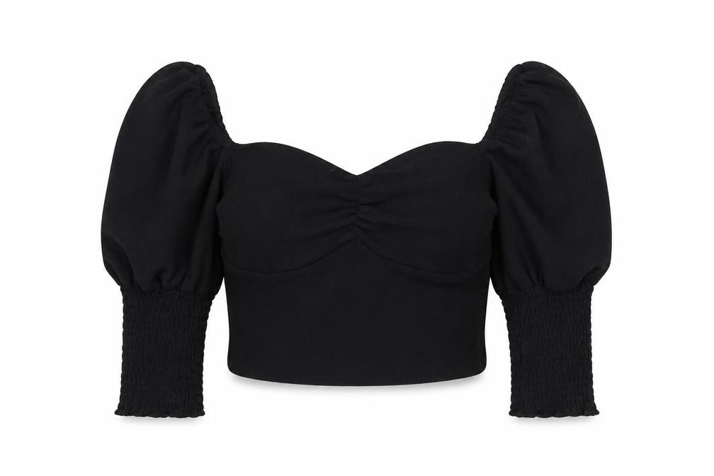 Front view of Style Snatch women’s black polyester cropped blouse, size L, round neck