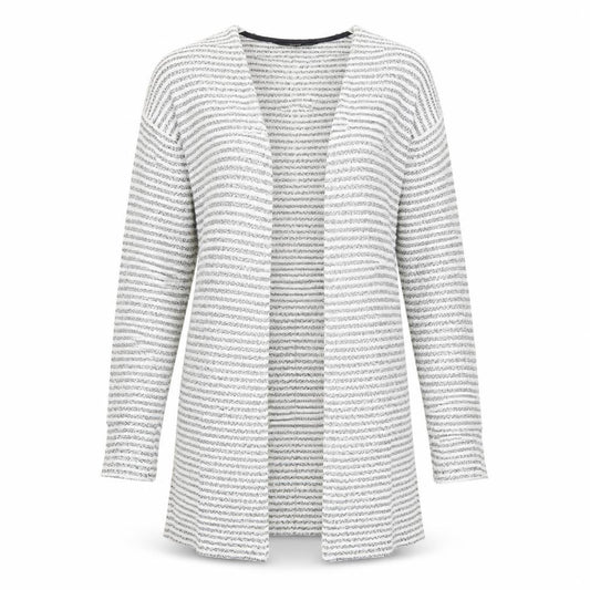 Front view of Next women’s white v-neck striped polyester cardigan jumper, size UK 8