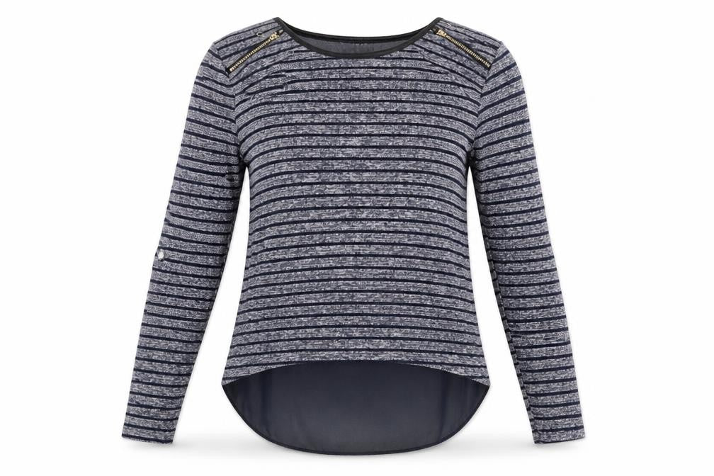Front view of Quiz women’s blue round neck striped polyester jumper, size UK 8