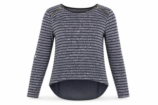 Front view of Quiz women’s blue round neck striped polyester jumper, size UK 8
