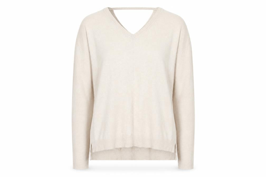 Front view of Marks & Spencer women’s beige v-neck viscose jumper, size UK 12