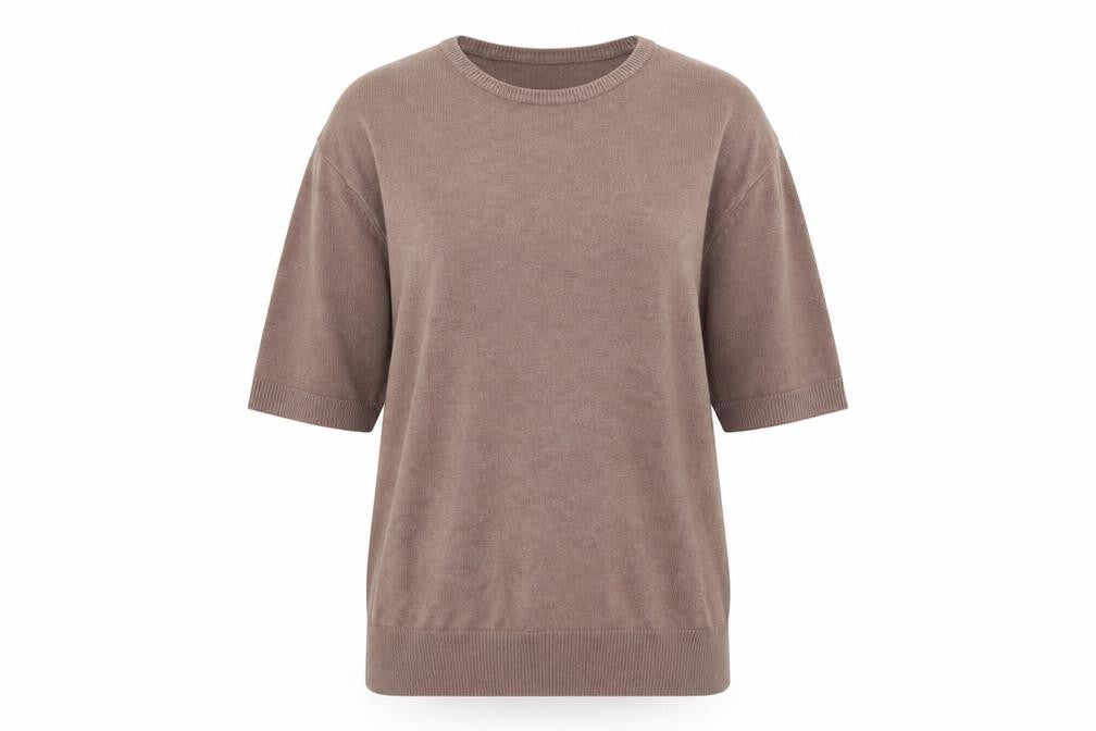 Front view of Bonmarché women’s brown round neck acrylic jumper, size S