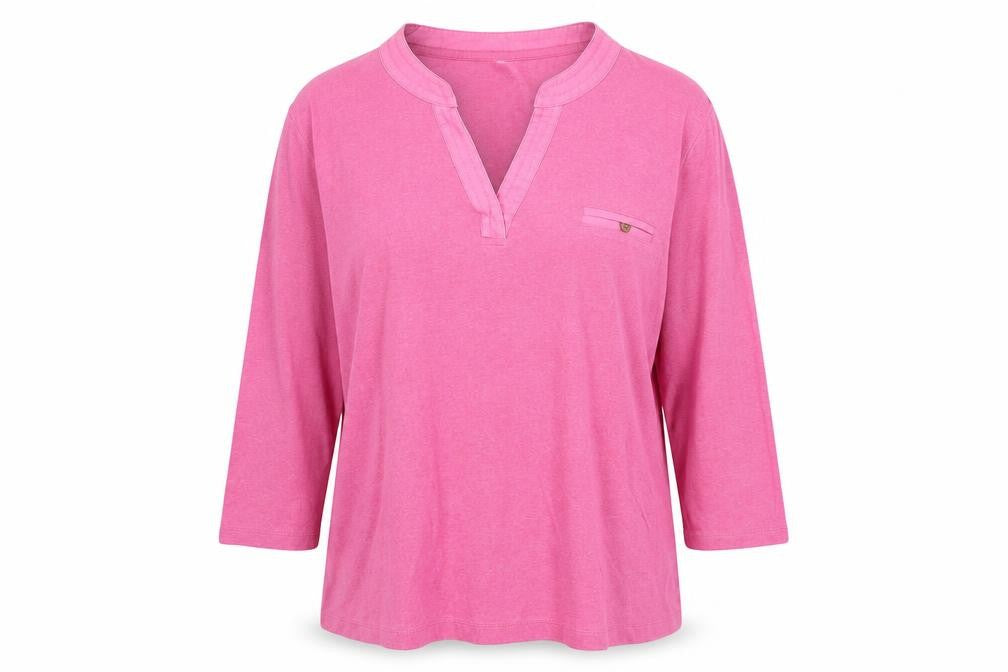 Front view of Country Casuals women’s pink cotton basic t-shirt, size L, v-neck