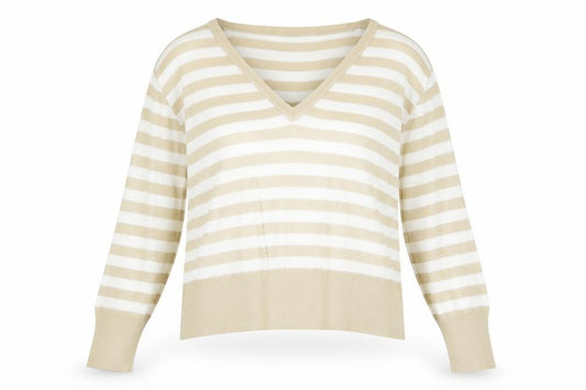 Front view of Bonmarché women’s beige v-neck striped acrylic jumper, size M